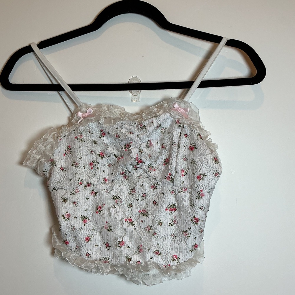 Romwe White‎ Lace Floral Crop Cami Top Cottagecore Coquette XS